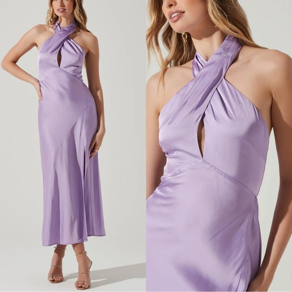 New Astr Marissa Satin Halter Neck Midi Dress Lavender Purple Crossbody Slit